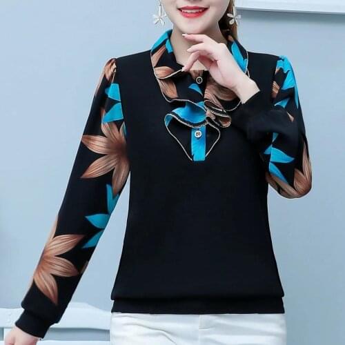 2021 New Spring Print Chiffon Long Sleeve Womens Large Size Knitted T-shirt Female Casual Sweet Tee shirts Femme Ruffle Tops