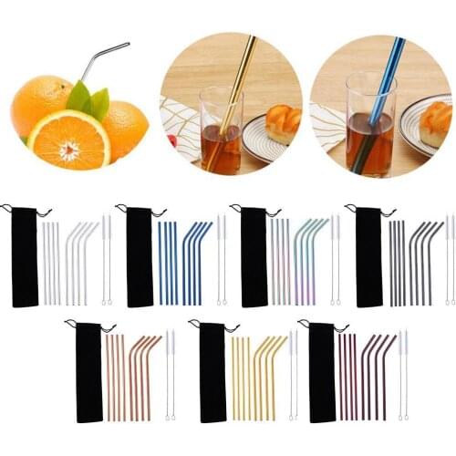 11pcs Rainbow Color Reusable Metal Straw Set with Cleaner Brush Milk Drinkware Bar Party Drinking Cocktail Steel Straw P7R0