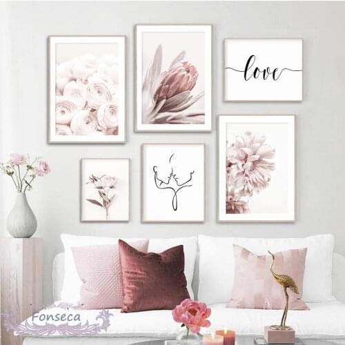 Elegant Pink Peony Imperial Flower Chrysanthemum Canvas Painting Figure Line Drawing Love Poster Wall Art Print Picture No Frame