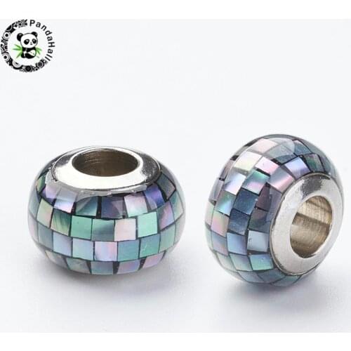 1pc 304 Stainless Steel Rondelle Large Hole Resin European Beads with Shell and Enamel for Jewelry Making 12x8mm, Hole: 5mm