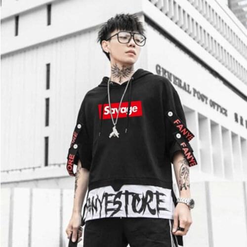 Ribbon T Shirts savage logo print Oversize men Hooded top tees Short Sleeve Streetwear tshirts wholesale Casual fashion clothes