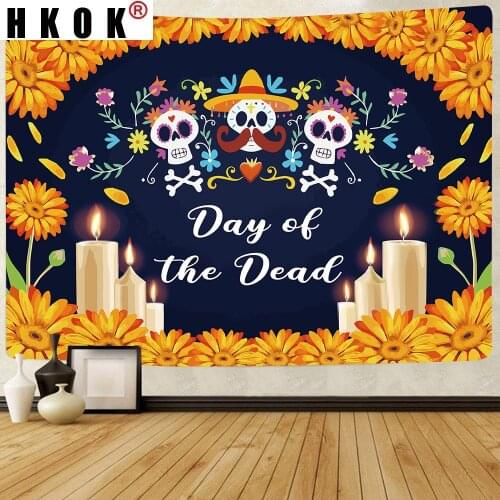 HKOK Skull Flower Day of The Dead Tapestry Wall Hanging Mural Background Wall Rugs Beach Towel Fabric Blanket Living Home Decor