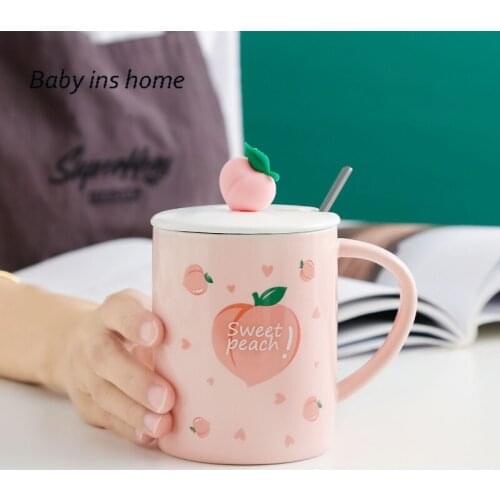 Milk Water Coffee Cup 301-400ML Cute Pink Kawaii Peach Mug Ins Ceramic Cup Student Korean Style Cartoon Mug with Lid and Spoon