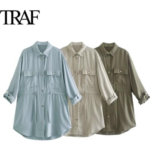 Traf Za Woman Clothing Spring Autumn Chic Tooling Pocket Jacket Korean Fashion Loose Drawstring Waist Coats
