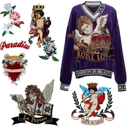 Fashion Royal Love Heart Embroidery Fairy Cupid Arrow Angel Applique Sequin Letter Patch Embellishment for Clothes Sewing