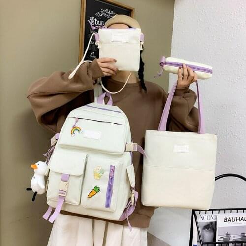 4 Piece Set Of Harajuku Style Fashion Women Backpack Canvas Waterproof School Backpacks Large Capacity Casual Travel Bag