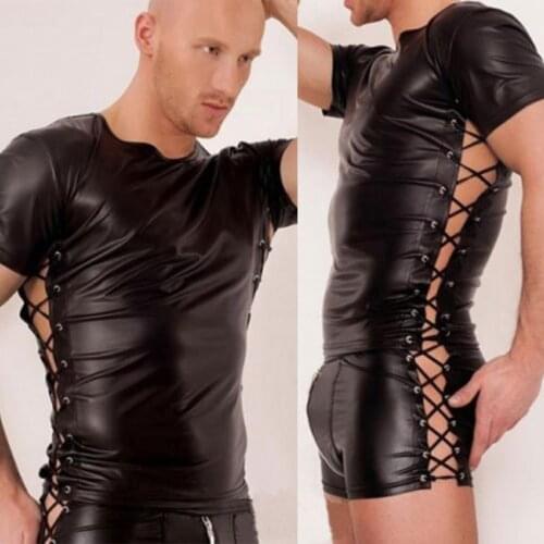 Man Sexy Bondage Latex T-shirt Lingerie Tank Top Zipper Open Crotch Boxer Underwear Shorts Wet Look Fetish Nightclub Costume