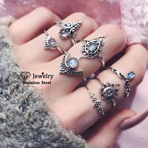 CC Rings Set For Women 7pcs Finger Ring Sets Bohemain Geometric Crown Rhinestone Party Fashion Jewelry Luxury Bijoux Gift YH700