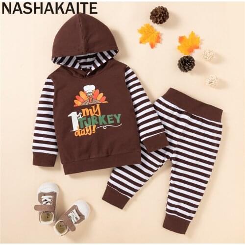 NASHAKAITE Autumn Winter Newborn Baby Romper My First Turkey Day Outfit Hooed top Pant Infant Baby Boys Thanksgiving Clothes Set