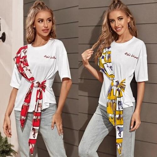 2020 Summer New European and American White Stitching Bow Short Sleeve Slimming Slim-Fit Assorted Colors Short Top Spot Supply