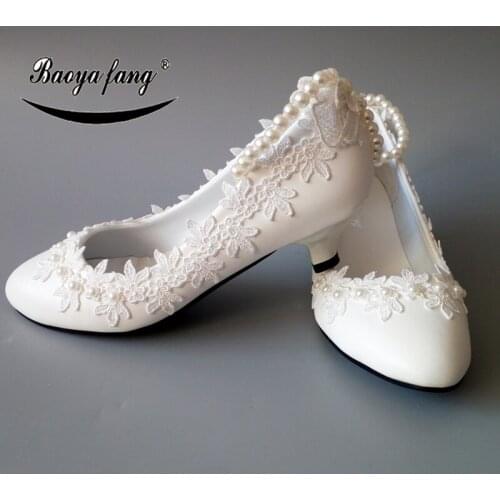 BaoYaFang New arrival Womens wedding shoes Bride Pearl ankle strap White flower wedding Pumps platform shoes for woman