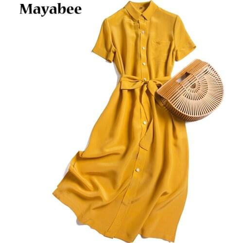 Yellow Lapel Temperament Pocket Casual Belt Mid-Length Silk Dress 2021 Spring And Summer New Woman