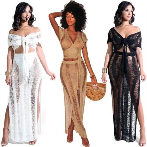 Rebicoo 2PCS/Set Sexy Crochet Beach Cover Up Hollow Out Knitted Tassel Beachwear Swimsuit Swimwear Cover Ups Beach Dress