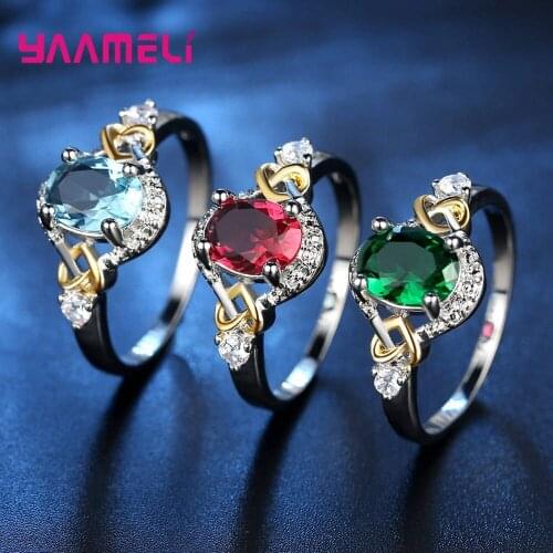 Romantic Heart Charms Promise Ring for Valentines Gift 925 Sterling Silver Green/Blue/Red/Rainbow Oval Cubic Zircon CZ Jewellery