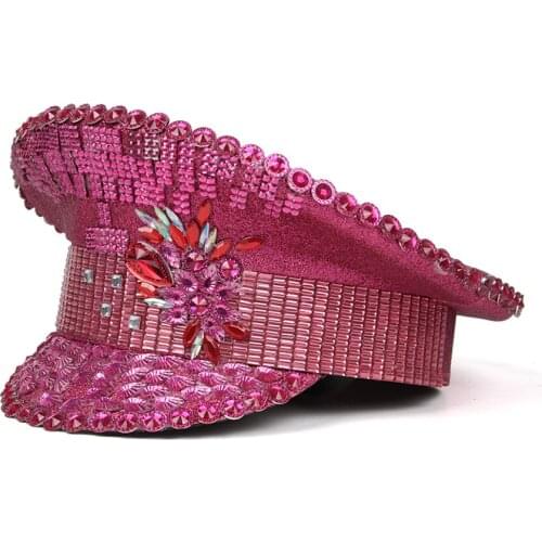 Luxury Women Military Hat Rhinestone Festival Hat Handmade Captain Hat Halloween Costume Cosplay Yacht Week Sergeant Hat