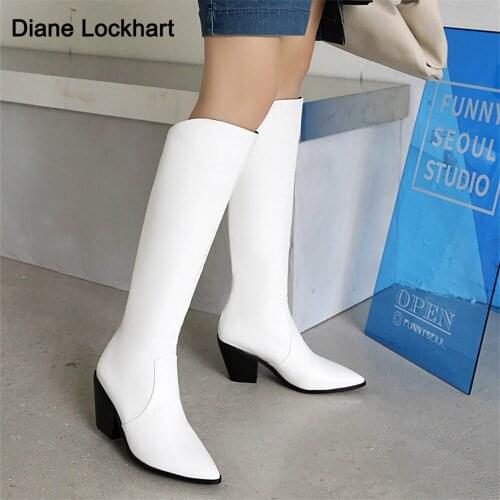 Fashion Autumn winter Women Knee-High Boots Pointed Toe Western Cowboy Boots Ladies Chunky Square Heel casual Party Botas Mujer