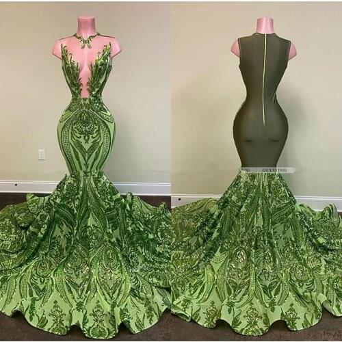 Sexy Olive Green Mermaid African Prom Dresses 2020 Sequined Black Girls Evening Dress Party Wear Formal Gowns