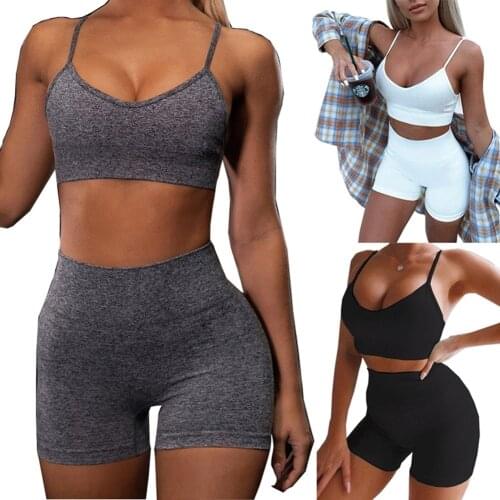 Sexy Women 2PCS/set Sleeveless Strap Bra Bustiers Tank Vest Crop Tops High Waist Shorts Pants Trousers Tracksuit Summer 2020 New