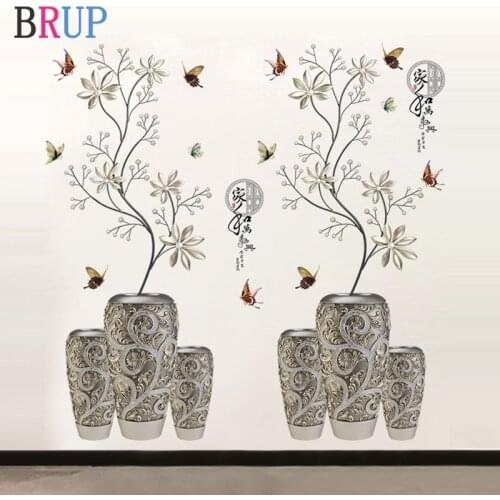 58*118cm Silver Vase Flower Wall Stickers Art Butterfly Tree Home Decor Vinyl DIY Wall Decals Potted Plant Rooms Decoration
