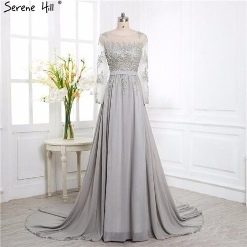 Grey Beading Crystal Formal Long Sleeve back cover elegant evening dresses long Prom Custom Size Party Dress 2020 DHA2097