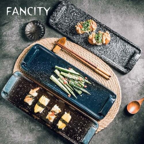 FANCITY High-value Japanese-style rectangular sushi plate, restaurant flat plate, blue glaze high-end dishes, ceramic plate