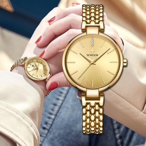 WWOOR New Women Fashion Quartz Watch Lady Stainless Steel Watchband High Quality Casual Waterproof Wristwatch Gift Clock+Box
