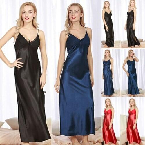 Ladies Womens Satin Long Nightdress Silk Lace Lingerie Nightgown Sleepwear