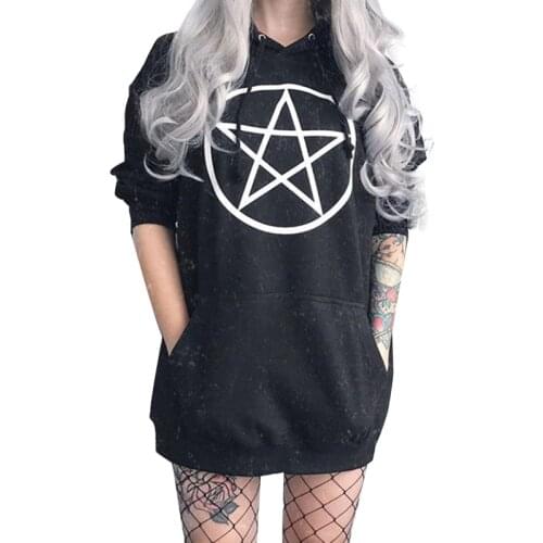 Gothic Pentagram Hoodies Women Sweatshirt Black Unisex Pullover Tumblr Hispter Casual Tops Dark Fahion Outfit