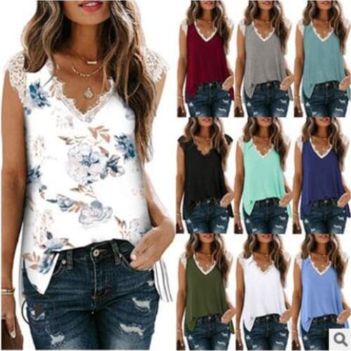 European And American Womens 2021 V Collar Lace Vest T-Shirt Loose Casual Printed Tees M6081