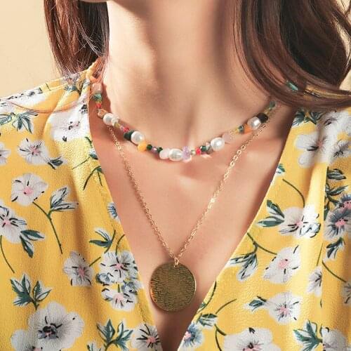 2 Pcs/Set Womens Fashion Natural Stone White Pearl Crystal Beaded Necklaces Gold Color Chain Metal Iron Sheet Pendant Necklace