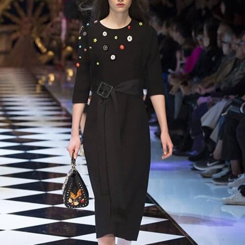 Runway 2020 Summer Short Sleeve Beaded Dress Womens Dress 191219X01