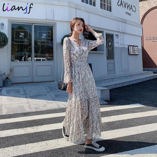 Casual Floral Print V-neck Long Sleeve Dress Women Elegant White Chiffon Dresses For Women Fashion Loose Maxi Dresses For Women