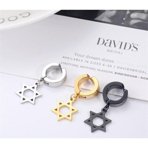 RONGQING 1pair Fashion Earrings Stainless Steel Six stars Clip Earrings for women man Geometric gift wedding