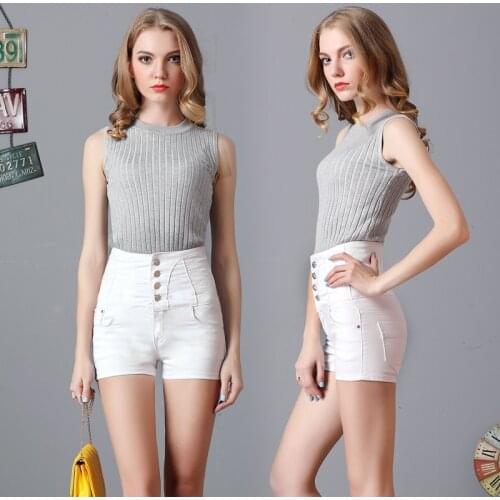 2018 Spring ladies European style white denim shorts HIGH waist slim short pants SKINNY fashion girl liking shorts