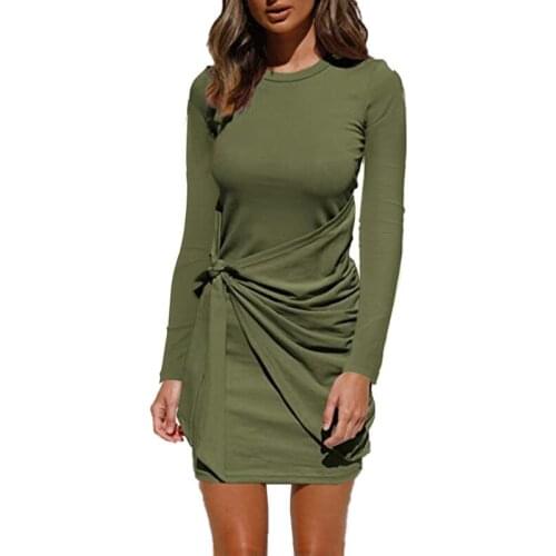 2021 Long Sleeve Women Solid Pleated Knotted Waist Bodycon Slim Short Dresses
