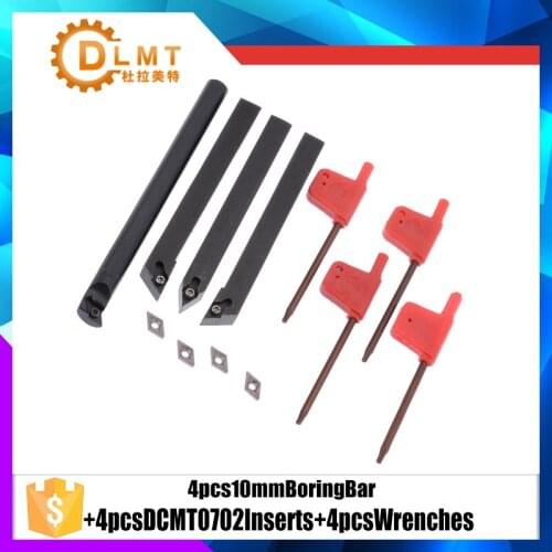 4pcs 10mm Boring Bar CNC Lathe Turning Tool Holder +4pcs DCMT0702 Carbide Inserts + 4pcs Wrenches for Processing