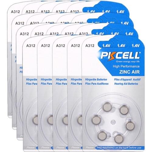 120pcs PKCELL Hearing Aid Batteries A312 312A ZA312 312 PR41 S312 Zinc Air 312/A312 6pcs/Blister*20cards