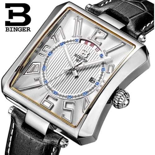 Waterproof Genuine Leather Strap Male Wristwatches Switzerland BINGER Mens Watch Luxury Brand Tonneau Quartz Clock B3038-1