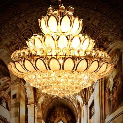 European Lotus Flower Gold Crystal Chandeliers Lights Fixture American Lotus Golden Crystal Droplight Home Indoor Hotel Lighting