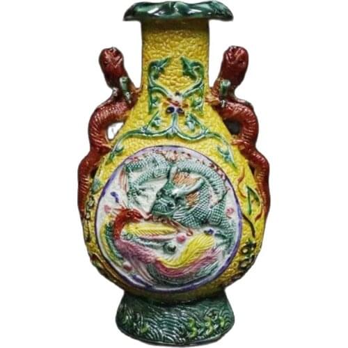 Chinese Old Porcelain Yellow Ground Pastel Relief Double Ear Bottle With Dragon And Phoenix Pattern