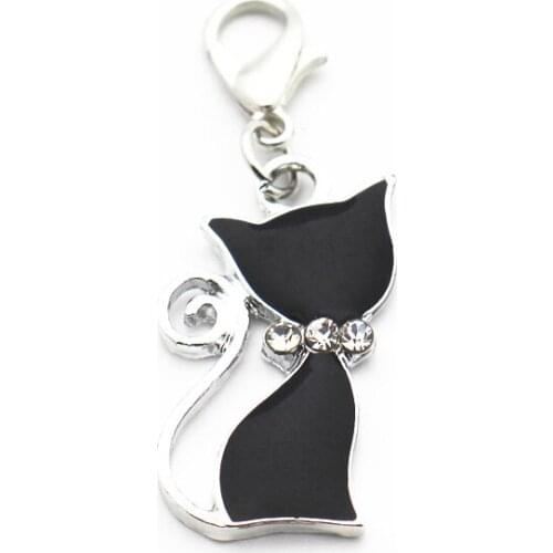 Hot Sale 20pcs/lot Metal Silver Enamel Cat Crystal Dangle Charms Lobster Clasp Charms Fit DIY Bracelet Hanging Charms Jewelry