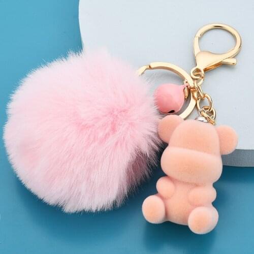 Fashion Pom Pom Fluffy Fur Key Chain Cute Funny Bear Keychains Lovers Accessories Creative Small Gifts Wholesale Key Ring