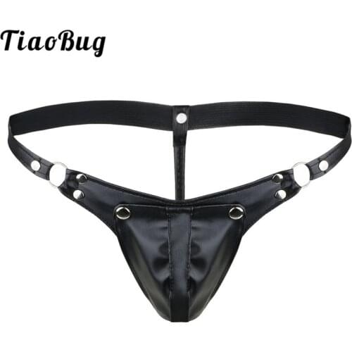 TiaoBug Men Black Faux Leather Open Buckled Penis Bulge Pouch G String Jockstrap Thong Briefs Tanga Hot Sexy Male Gay Underwear