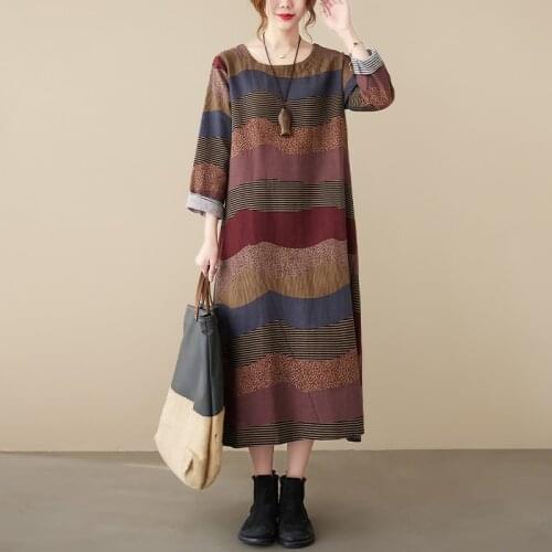 2021 New Arrival Long Sleeve Spring Dress Cotton Linen Print Floral Vintage Dress Plus Size Women Travel Casual Autumn Dress