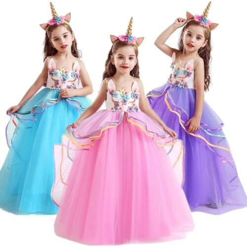 5-14Yrs Teenage Girl Dresses Children Birthday Party Cosplay Unicorn Dress Appliqued Princess Dress Wedding Flower Girls Dress