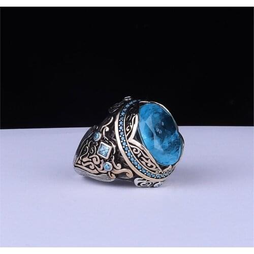 Semi Precious Aqua Cz 925 Sterling Male 925 K Silver Ring
