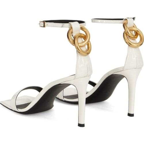 Square Toe White Leather Women Sandals Gold Chains Decor Ankle Strap Summer Shoes Sexy 7cm High Heels Sandalias Femmes Lady Pump
