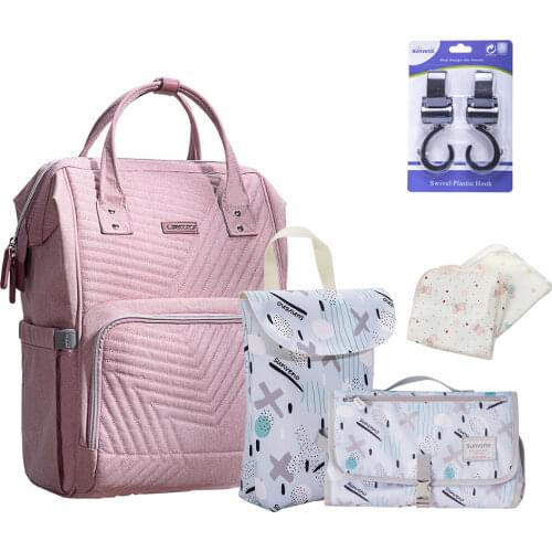 Sunveno 5 in 1 Combined Gift Pack Diaper Bag Pure Color Mummy Baby Care Nappy Bag Large Capacity Waterproof Backpack Travel Bag