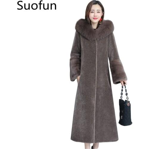 Suofun Long Large Size Thin Fox Fur Hair One Sheep Shearing Warm Coat Female 2021 New Elegant Women Winter Korean Mink Fur Coats