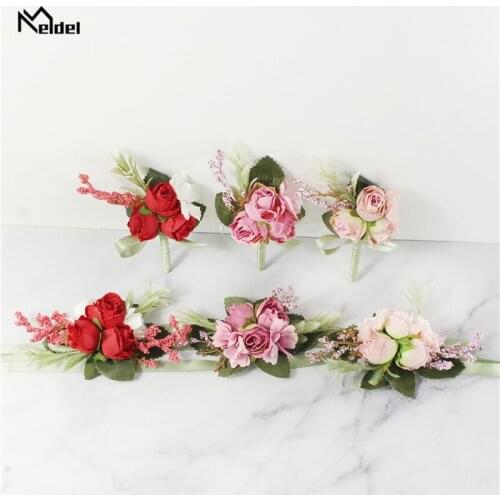 Meldel Groom Boutonniere Wedding Bride Wrist Corsage Artificial Rose Flower Men Brooch Pins Boutonniere Wedding Girl Bracelet